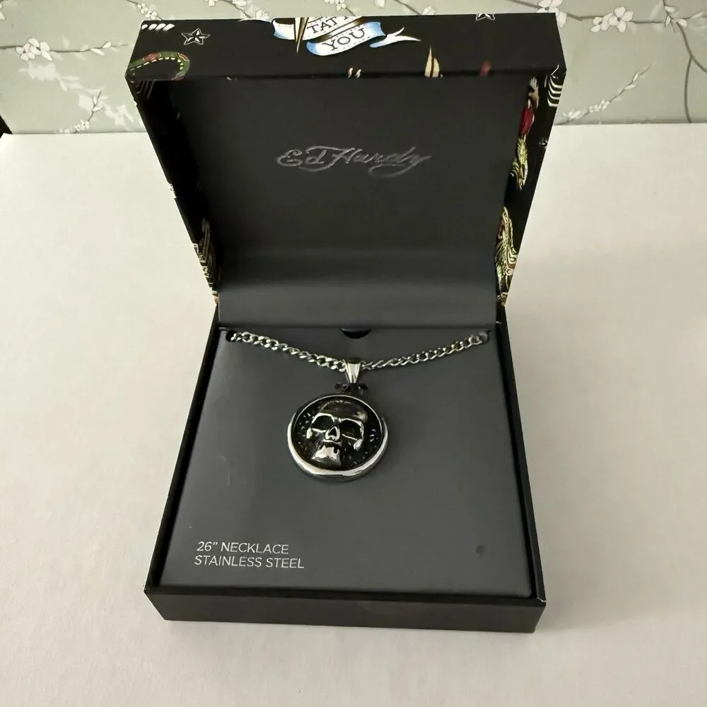 Ed Hardy Skull Head Stainless Steel Silver Tone Necklace Chain Pendant New 26”